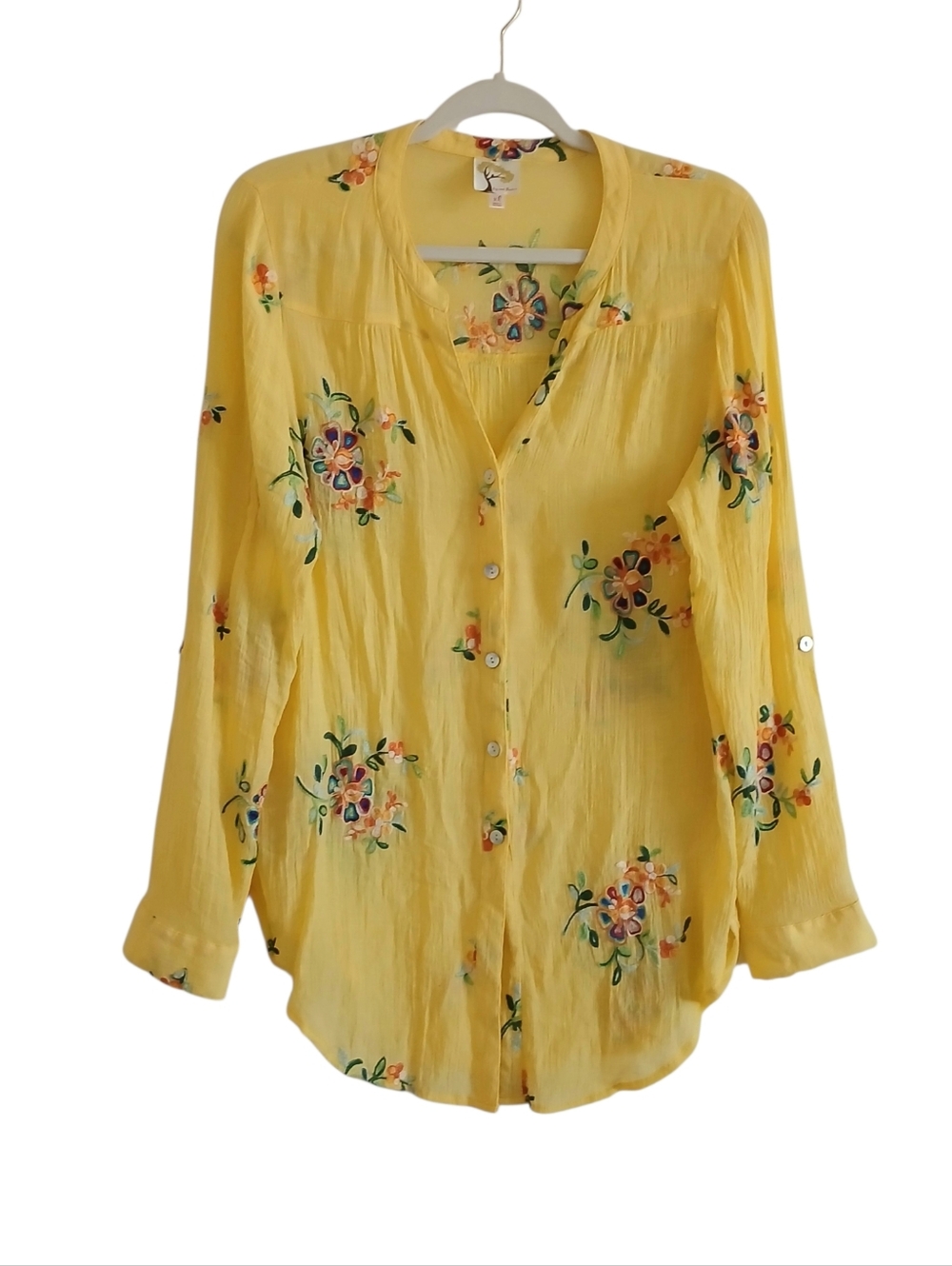 Fig & Flower Embroidered Tunic Top Women's XL Long Roll Tab Sleeve Floral Boho